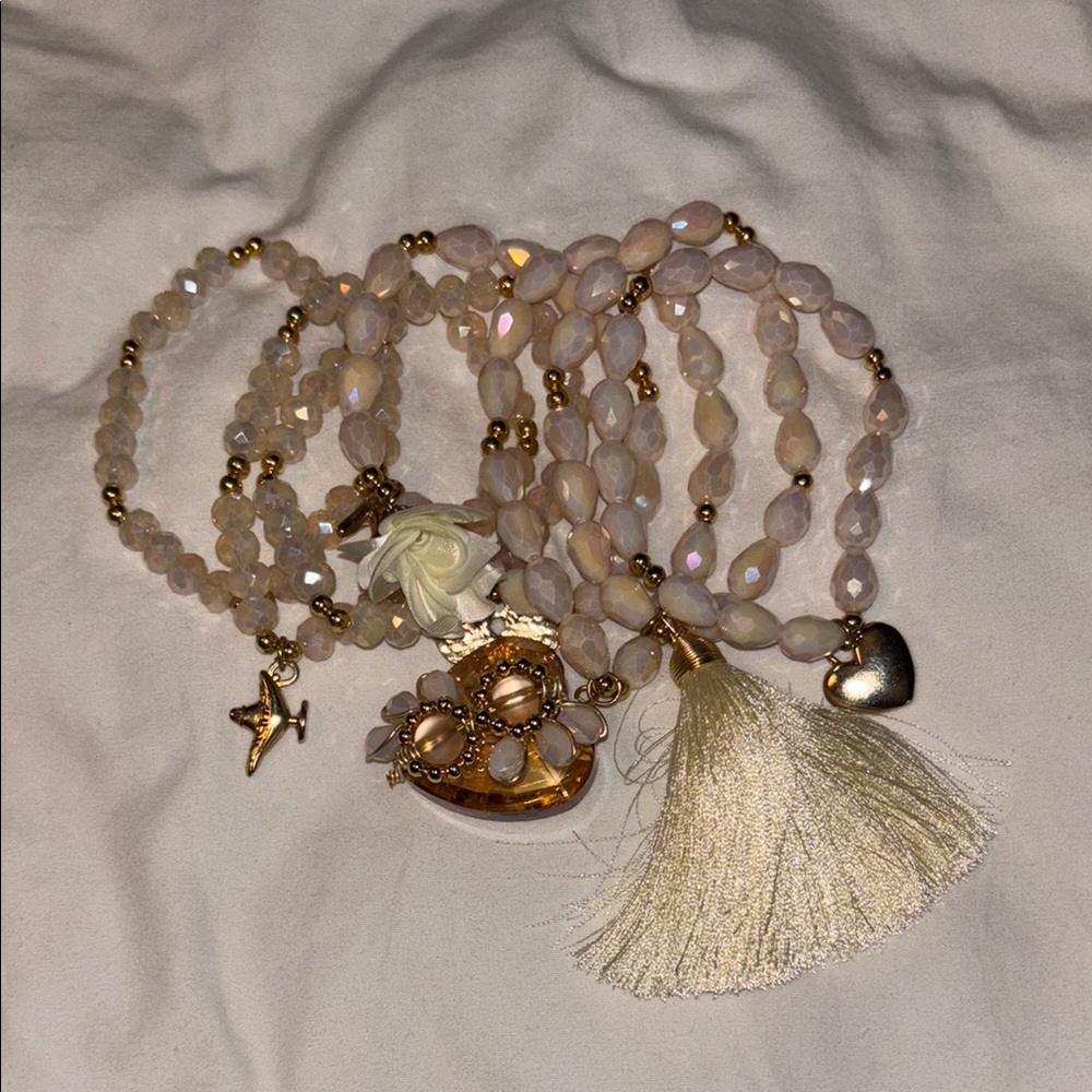Cream and Gold Layered Beaded Bracelet Set with Tassel
